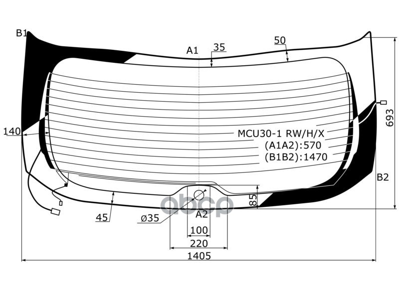 Стекло заднее (Цвет зеленый/ Обогрев/ Антенна/ ПЛОСКИЙ СПОЙЛЕР) Lexus RX 03-09 / Toyota Harrier (XU3 XYG арт. MCU30-1 RW/H/X