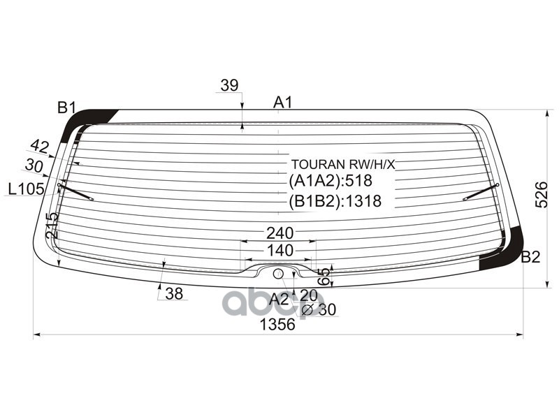 Стекло заднее (Цвет зеленый/ Обогрев) Volkswagen Touran 03-10 XYG арт. TOURAN RW/H/X