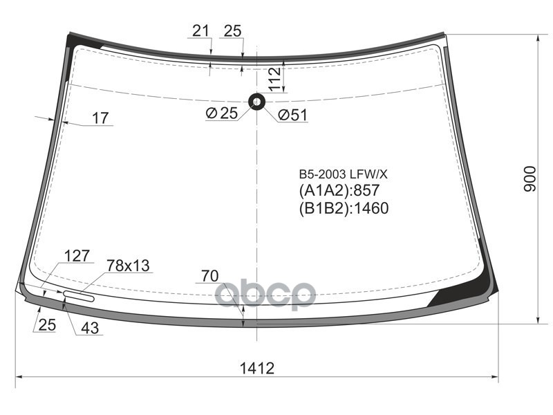 Стекло лобовое (Датчик дождя/ Молдинг) Volkswagen Passat 96-05 / Skoda Superb 02-08 XYG арт. B5-2003 LFW/X