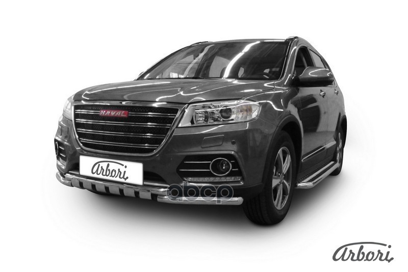 Защита переднего бампера d57+d42 двойная с декоративными элементами Arbori нерж.