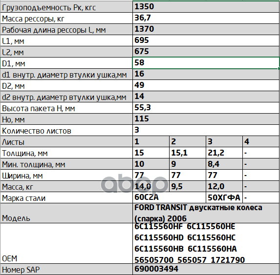 771503FD-2912012-10 Рессора задняя для Ford Transit 3 листа