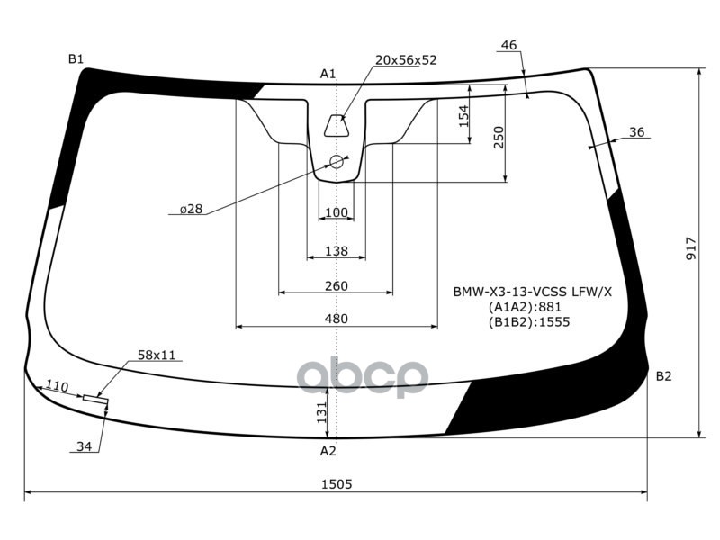 Стекло лобовое (Камера/ Датчик дождя) BMW X3 14-17 XYG арт. BMW-X3-13-VCSS LFW/X