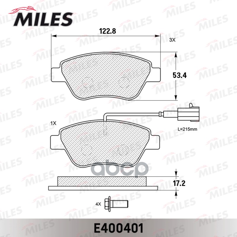 Miles Колодки тормозные дисковые передние (Смесь Low-Metallic) Fiat Albea/Doblo/Stilo 01 Передние (С Датчиком + Болты) (Trw Gdb1482) E400401 Miles арт. E400401