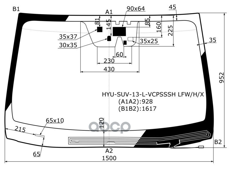 Стекло лобовое (Обогрев щеток/ Камера/ Датчик дождя) Hyundai Santa Fe 12-19 / Grand Santa Fe 13-18 XYG арт. HYU-SUV-13-L-VCPS...