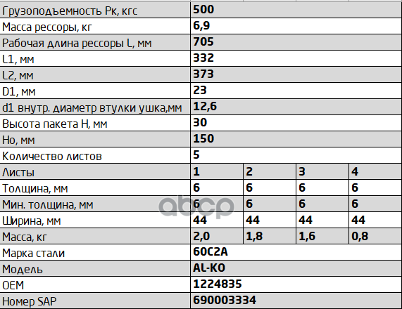 450605AL-2912012-10 Рессора задняя для прицепа AL-KO 5 листов