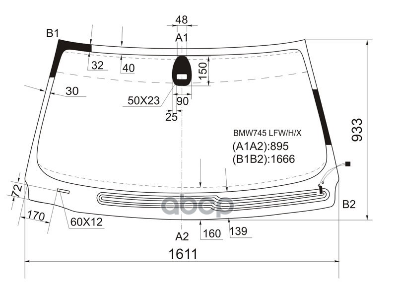 Стекло лобовое (Обогрев щеток/ Датчик дождя) BMW 7-Series 01-05 XYG арт. BMW745 LFW/H/X