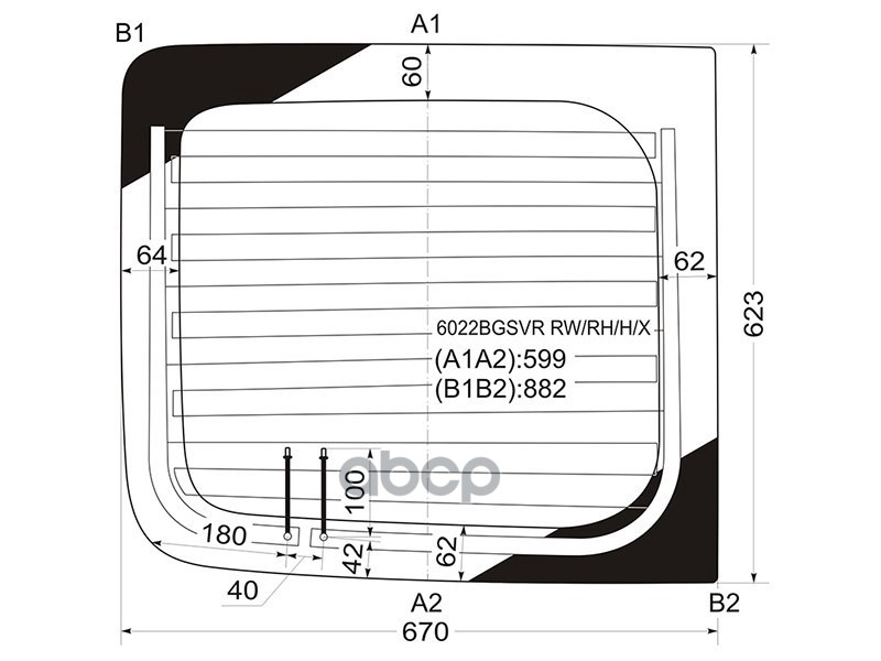 Стекло заднее (Цвет зеленый/ Обогрев/ Правое) Nissan Primastar 02-14 / Opel Vivaro 01-14 XYG арт. 6022BGSVR RW/RH/H/X