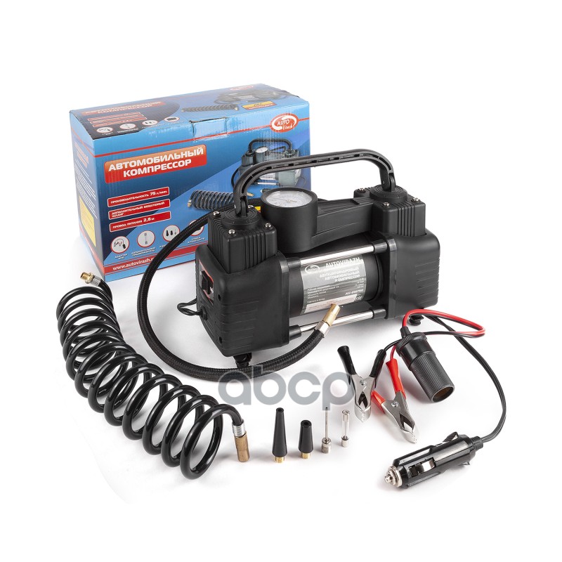 Компрессор двухцилиндровый 75 л/мин с манометром, пневматический спиральный шлан