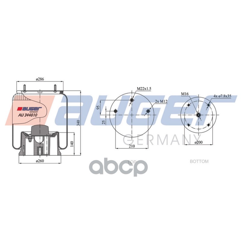 пневмоподушка со стаканом 2шп.M12 смещ.25,1шт.M22, резб. отв.M16x2 SAF