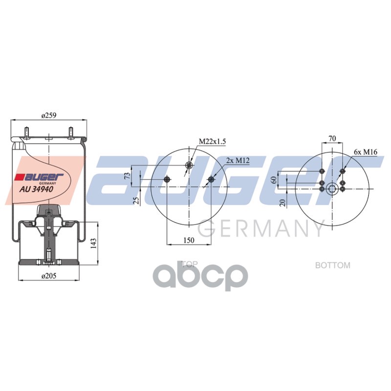 пневмопод.со стак.+плита 940MB h423 2шп.M12смещ.25. 1отв.штуц.M22.поршень метBPW