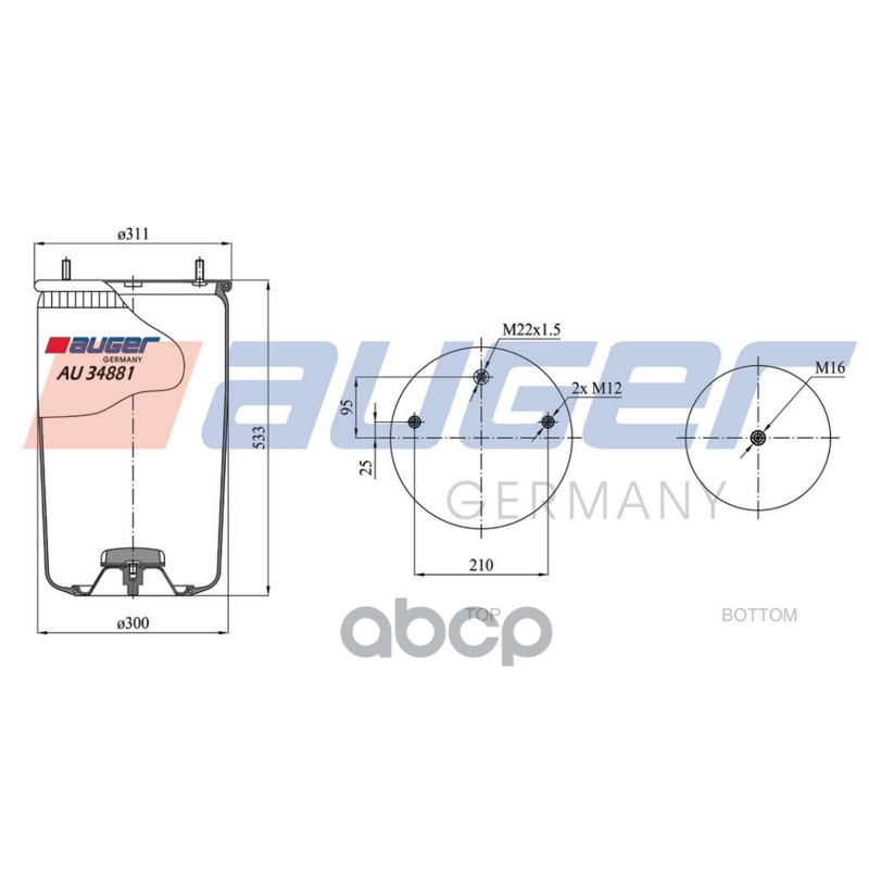 пневмопод.без стак. h520 2шп.M12смещ.25. 1отв.штуц.M22. Н: 1шп.M16 BPW