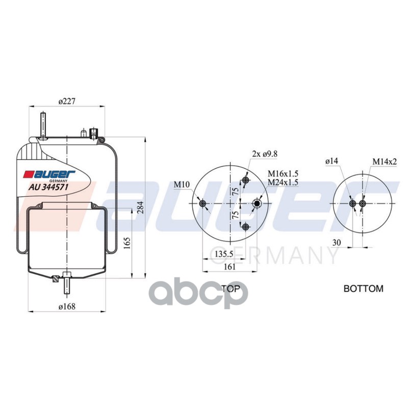 AUGAU 344571-K02_пневмоподушка со стак.! 1шп.М10 2напр.D9.8mm 1шп.шт.М16x1.5 М24