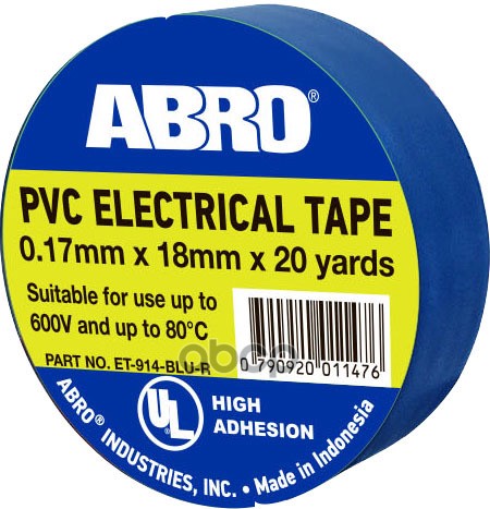 Изолента 18 мм х 18,3 м термостойкая синяя Abro ET-914-BLU-R