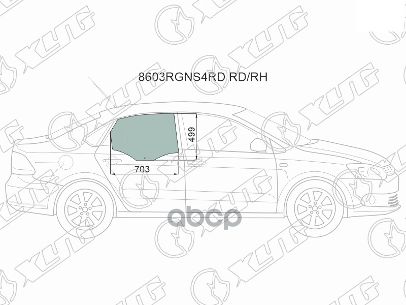 Стекло боковое опускное (Сзади/ Справа/ Цвет зеленый) Skoda Rapid 20- / Volkswagen Polo 09-20 XYG арт. 8603RGNS4RD RD/RH