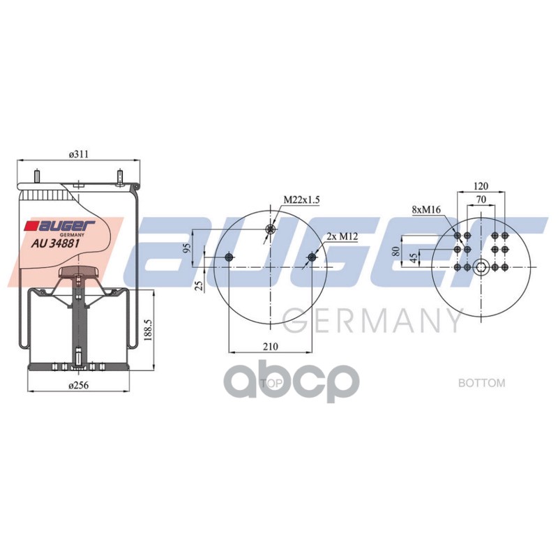 пневмопод. со стак.+плитаBPW36. 2шп.M12смещ.25. 1отв.штуц.M22.Порш стал,12 отв.М16BPW