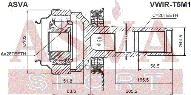 ШРУС внутренний правый 28x44.2x26 VW TRANSPORTER V  2003-