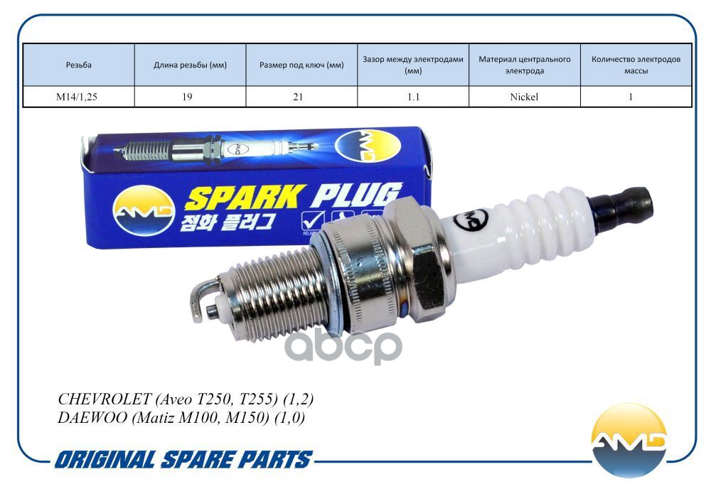 Свеча Зажигания Chevrolet Aveo T250, T255 1,2 Daewoo Matiz M100, M150 1,0 AMD арт. AMD. PL44