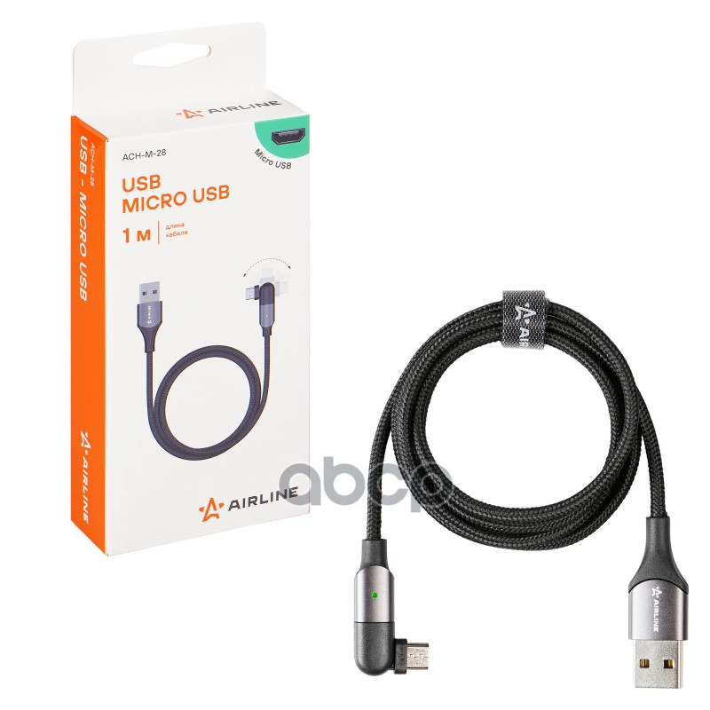 Кабель USB/microUSB 1м, с поворот. коннектором, черный нейлоновый