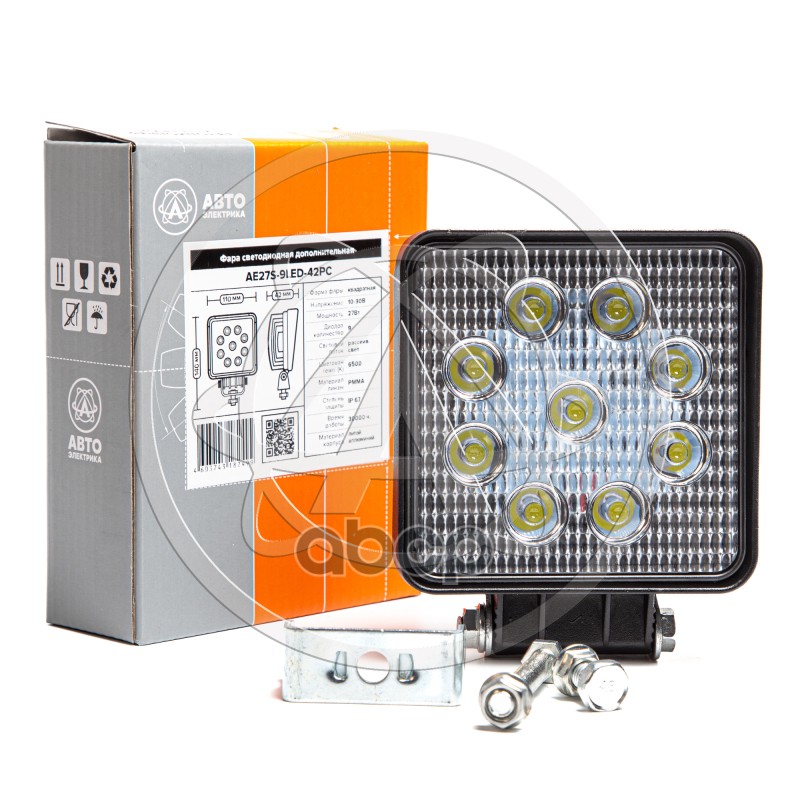 Фара светодиодная Avtoelectrica квадратная 9 LED рассеянный свет, 27W, (110 х 55 х 140) 12/24V AE27S-9LED-42PC 09.1880