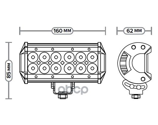 Фара светодиодная Avtoelectrica прямоугольная 12 LED рассеяный свет 36W, ДХО (160 х 62 х 85) 12/24V AE36RT-12LED-РC 09.2021