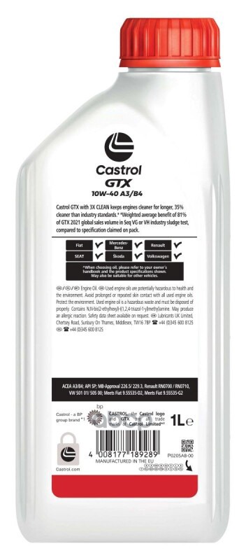 1L Масло моторноеCastrol GTX 10W40 A3/B4 SP MB226.5/229.3 RN0700/RN0710 VW50101/