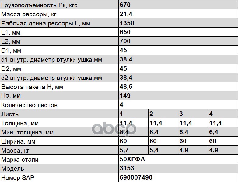 Рессора УАЗ-3151 задняя (4-х листовая) без шарниров