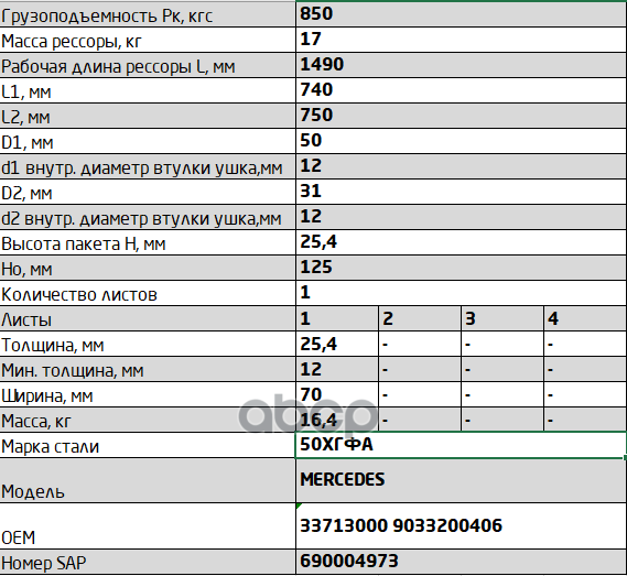 702501MS-2912012-10 Рессора задняя для Mercedes Sprinter 308-316 1 лист