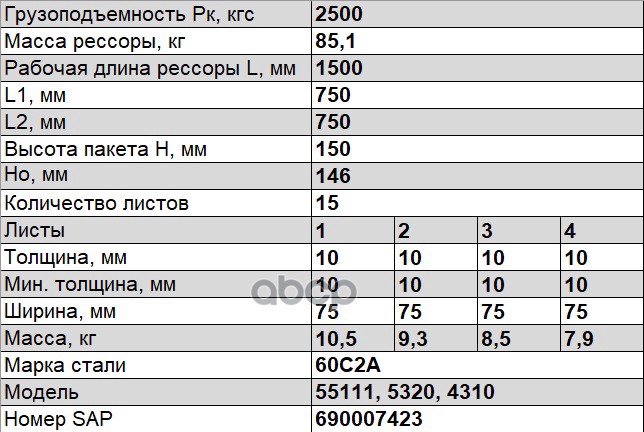 55111-2902012-01 Рессора передняя КамАЗ 65115, 55111, 43118 15 листов ЧМЗ