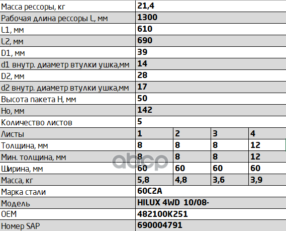 600805TY-2912012-10 Рессора задняя для Toyota Hilux 5 листов