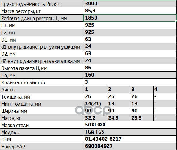 902603MN-2902012-10 Рессора передняя для MAN TGA, TGS, TGX 3 листа