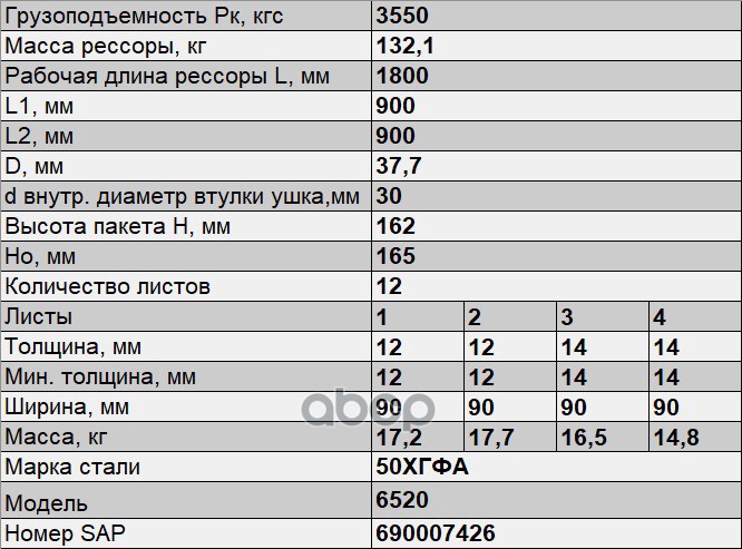 901212KZ-2902012-20 6520-2902012-20 Рессора передняя КамАЗ 6520, 53605, 6522 12