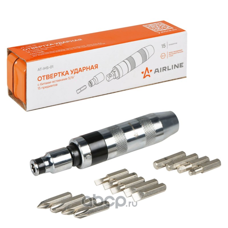 AIRLINE ATIHS01 Отвёртка ударная с битами-вставками 5/16", набор 15 пр.