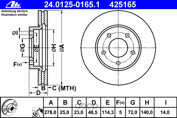 Ate 24012501651 Диск тормозной передний MAZDA 3 1.4/1.6L all 03->/MAZDA 5 05->