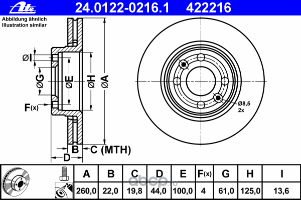 Ate 24012202161 Диск тормозной передний NISSAN/RENAULT/Lada Largus +ABS D=260mm