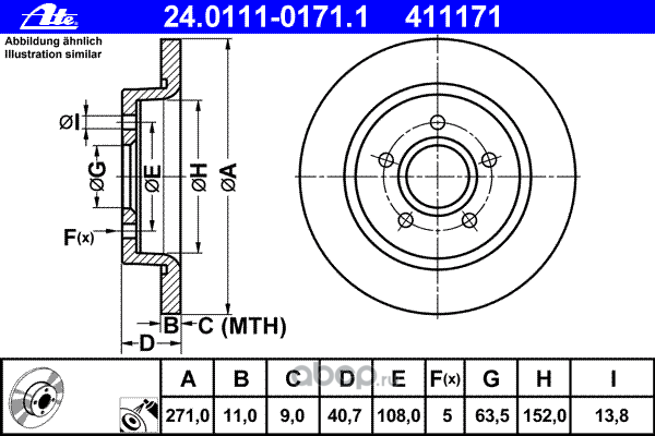 Ate 24011101711 Диск тормозной задний FORD Focus III 2011-> /D=270mm