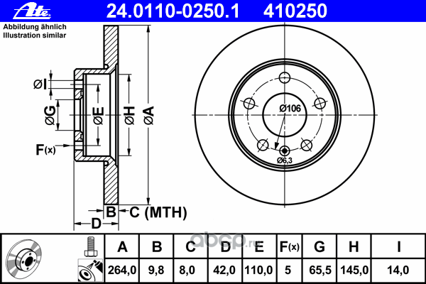 Ate 24011002501 Диск тормозной задний OPEL Astra G/H/Meriva A/ Zafira B /D=264mm