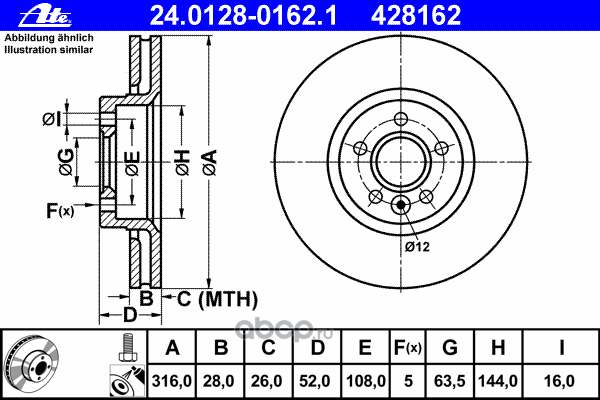 Ate 24012801621 Диск тормозной передний FORD/LAND ROVER/VOLVO all 06-> /Vent D=316mm