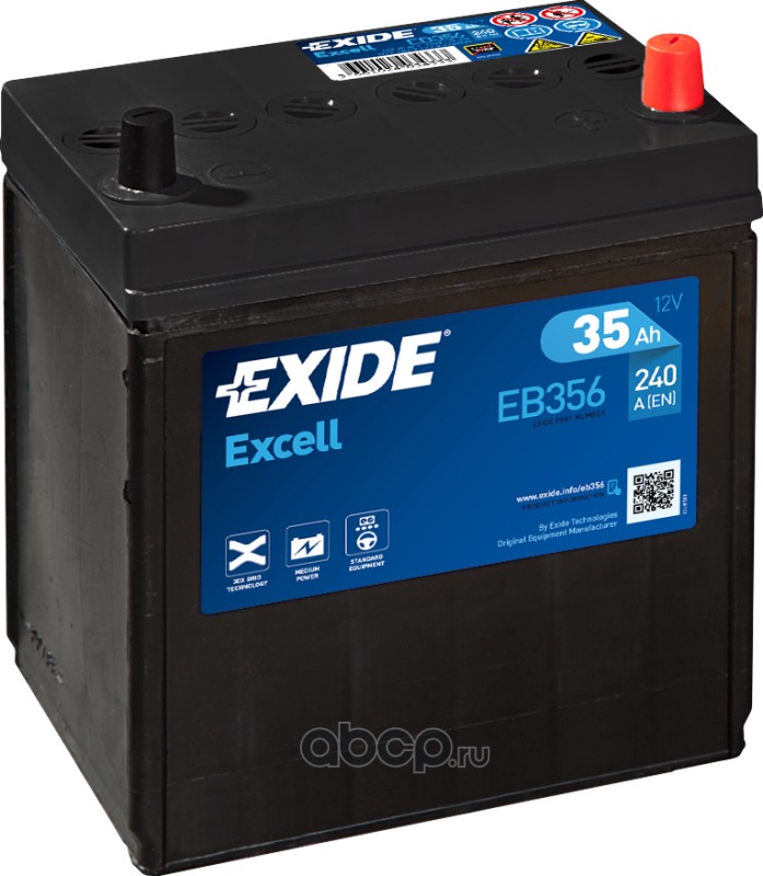EXIDE EB356 Батарея аккумуляторная 35А/ч 240А 12В обратная полярн. тонкие вынос. (Азия) клеммы