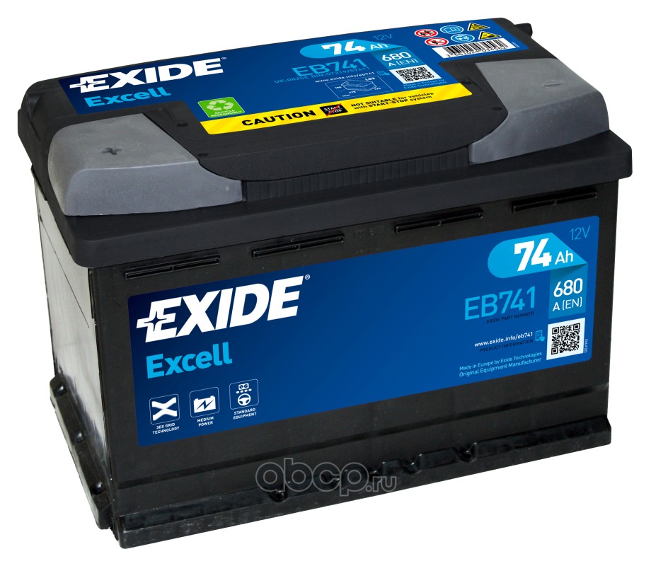 EXIDE EB741 Батарея аккумуляторная 74А/ч 680А 12В прямая полярн. стандартные клеммы