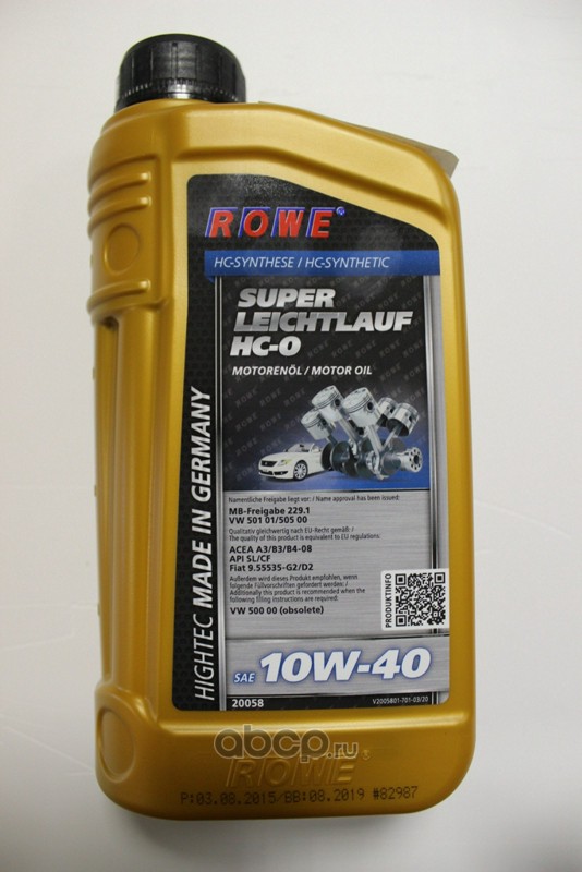 ROWE 20058001003 Масло моторное ROWE HIGHTECSUPERLEICHTLAUF полусинтетика 10W-40 1 л.