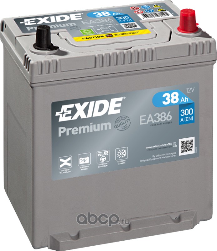 EXIDE EA386 Батарея аккумуляторная 38А/ч 300А 12В обратная поляр. стандартные клеммы