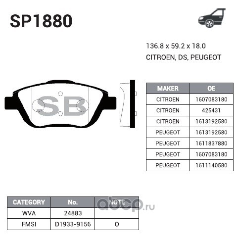 Sangsin brake SP1880 Колодки тормозные передние