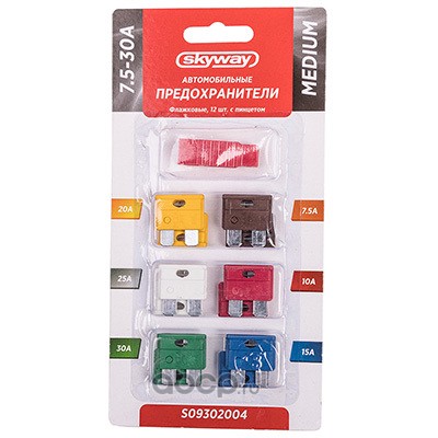 Skyway S09302004 Предохранитель флажковый MEDIUM набор 12шт 7,5-30А с пинцетом блистер SKYWAY