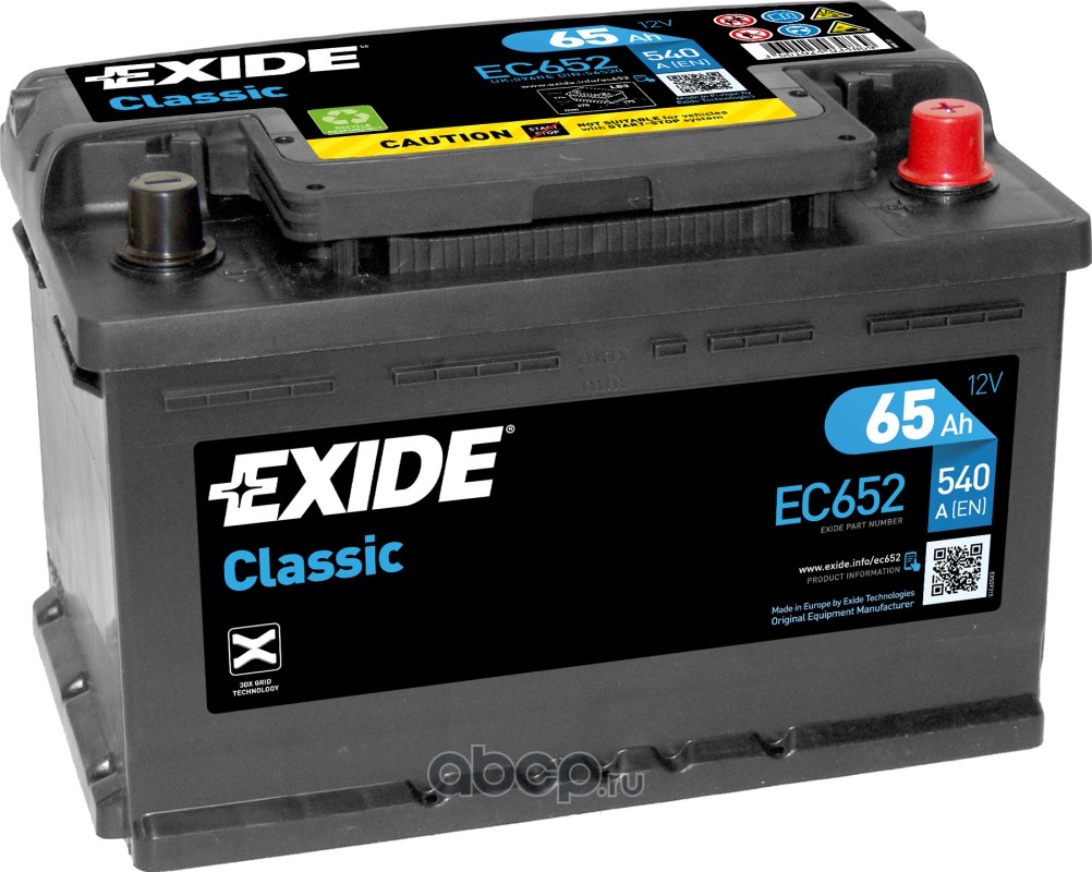 EXIDE EC652 Батарея аккумуляторная 65А/ч 540А 12В обратная полярн. стандартные клеммы