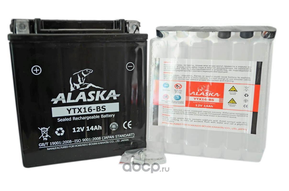 ALASKA YTX16BS Батарея аккумуляторная 14А/ч 220А 12В прямая полярн. болтовые мото клеммы