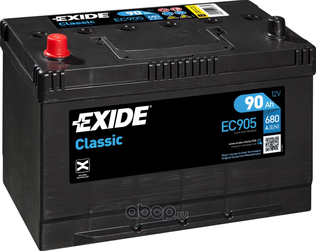 EXIDE EC905 Батарея аккумуляторная 90А/ч 680А 12В прямая полярн.  стандартные клеммы