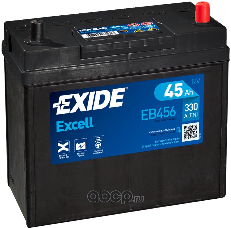 EXIDE EB456 Батарея аккумуляторная 45А/ч 330А 12В обратная полярн. тонкие вынос. (Азия) клеммы