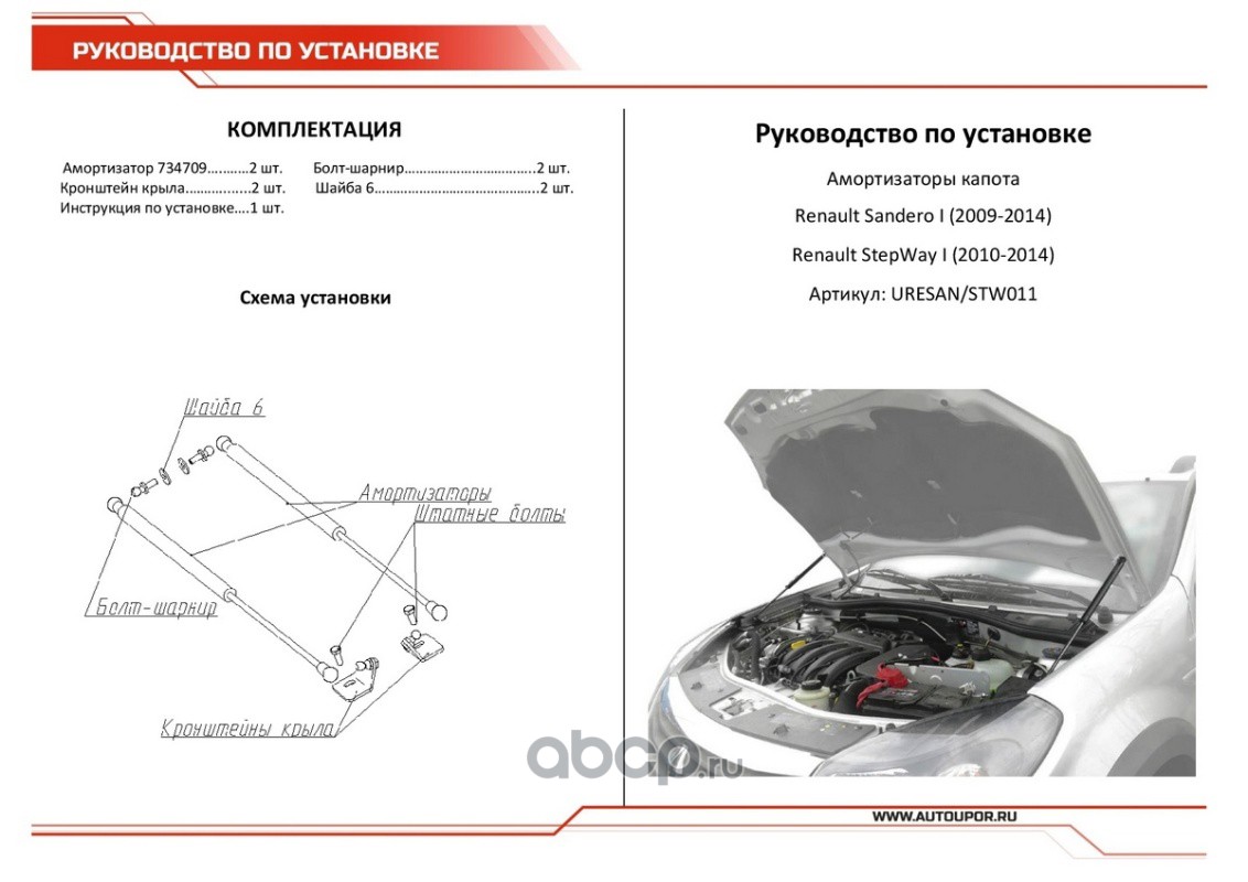 URESANSTW011 АвтоУпор Упоры капота Renault Sandero/Sandero Stepway 09-14  купить запчасти в Банзай Авто