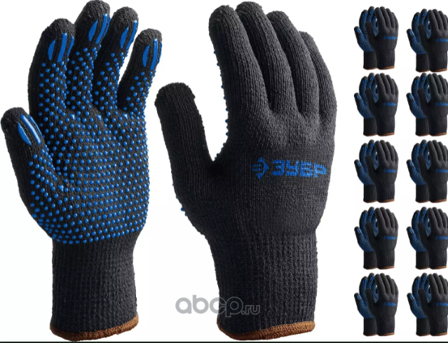 ЗУБР МАСТЕР, размер L-XL, перчатки трикотажные утепленные, с ПВХ покрытием (точка), 10 пар в упаковке. 11462H10
