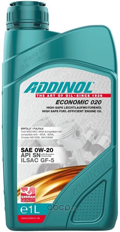 ADDINOL 4014766073754 Масло моторное синтетика 0W-20 1 л.